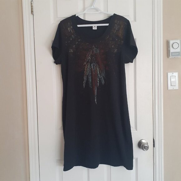 Peruvian Connection Women's Size XL Black Feather Print Cotton T-Shirt Dress - Picture 2 of 7